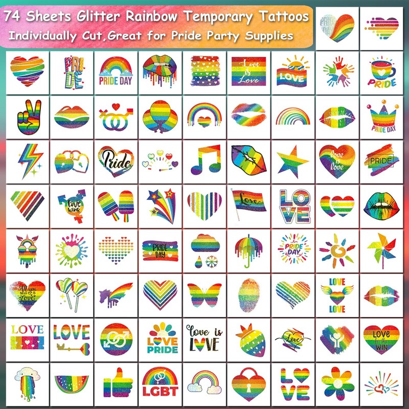 CHARLENT Glitter Rainbow Temporary Tattoos - 74 Individually Sheets Glitter
