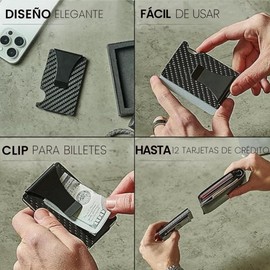 EDECOR Tarjetero de cuero (Minimalista fibra de carbono, Negro)