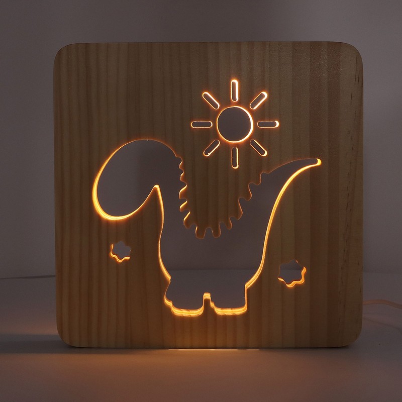 Wood Carving Lamp Dinosaur Hollow Pattern Warm White Light USB