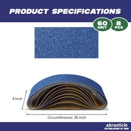 4" x 36" Zirconia Sanding Belts for Metal - 4 x 36 Inch Zirconia Metal Grinding Sand Paper, 8 PCS 60 Grits, Perfect for Knife Blade Sharpening, Metal Polishing, Derusting, Woodworking