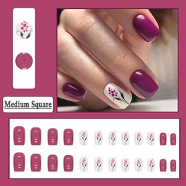 BAOYAALIN Press on Nails Short Medium Square Simple Fake Nails with Exquisite Flower Design, Press ons Artificial Acrylic Full Cover False Stick on Nail for Women Girls Daily Wear Wedding 24Pcs