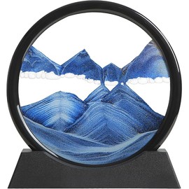 Moving Sand Art Liquid Motion, 3D Deep Sea Sandscape Color Quicksand Decor, Round Glass Moving Sand Art Picture Relaxing Desktop Home Office Work Decor (Blue, 7 inch)