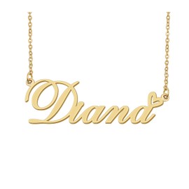 18k Gold Plated Diana Name Necklace Heart Charm Pendant Stainless Steel Graduation Jewelry for Womens Teens 16"