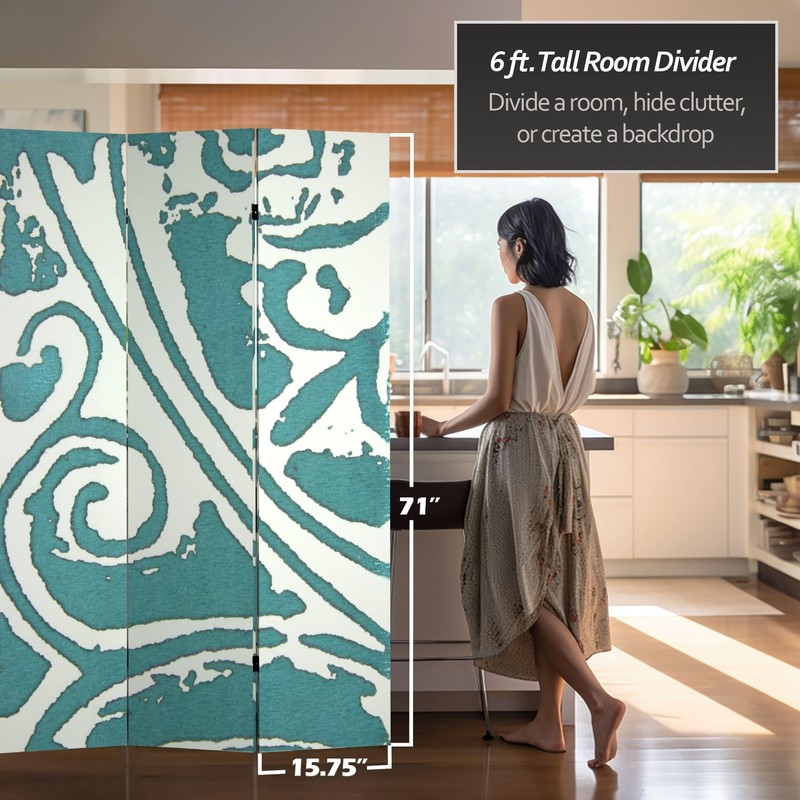 6 ft. Tall Double Sided Teal Vineyard Canvas Room Divider