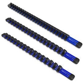 Olsa Tools Aluminum Socket Organizer, 3pc Set - Blue Socket Holder Kit 1/2-Inch, 3/8-Inch, and 1/4-Inch Drive - Holds 58 Chrome or Impact Sockets - Professional Grade Socket Rails - Part: 1016