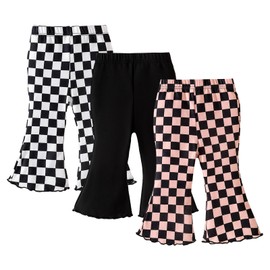 SOBOWO Checkered Baby Girl Flare Pants 3 Pack Toddler Bell Bottoms Plaid Ruffle Leggings Pants Fall Winter Outfits Size 6M-4T(18-24 Months, Black&White Plaid/Black/Black&Pink Plaid)