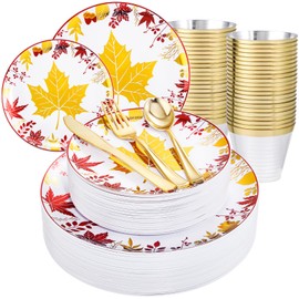 KIRE 150PCS Thanksgiving Plates Dinnerware Maple Leaves - Plastic Thanksgiving Plates with Gold Silverware Include 25Dinner Plates 25Salad Plates 25Forks 25Knives 25Spoons 25Gold Cups