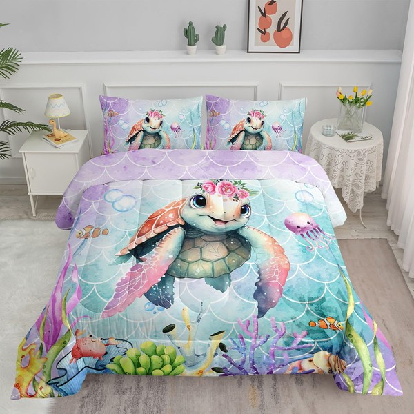 Datura home Kids Comforter Set Mermaid Scale Turtle Printed Pattern