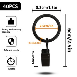 40 Pack Metal Curtain Rings with Clips Black Rustproof Vintage Curtain Hangers Clips, Window Hardware Clip Rings, Strong Drapery Clips with Rings, 25mm Interior Diameter, Fits 16mm Curtain Rod