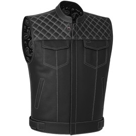 SOA Men's Motorcycle Vest, Geniune Buffalo Leather, Back Armor, Inside Pockets, Motorbike Riding Club Vests Paisley White 3XL