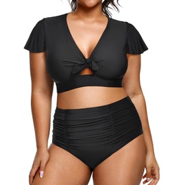 Yonique Womens Two Piece Plus Size Bikini Set High Waisted Swimsuits Tummy Control Bathing Suits Short Sleeve Swimwear Black 12Plus