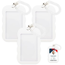 3 Pcs Acrylic Photocard Holder Keychain Photo Card Holders 3 Inch ID Badge Holder Bus Credit ID Bank Card Holders with 3 Spiral Wrist Coil(Waves White)