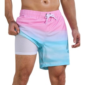 SILKWORLD Men Swimming Trunks Quick Dry Swim Shorts Bathing Suit with Compression Liner, Pink Blue, Medium
