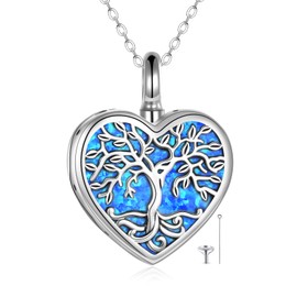 ONEFINITY Urn Necklace for Ashes Sterling Silver Heart Tree of Life Cremation Jewelry Blue Opal Cremation Memory Necklace for Women Men