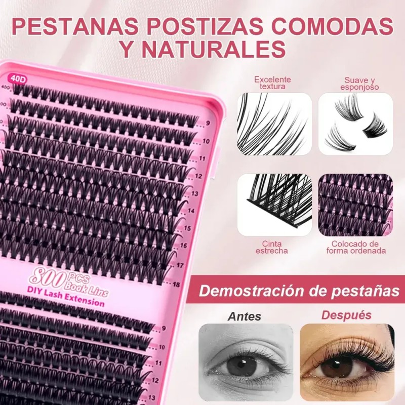 Kit Extensión Pestañas 9-18mm 800pcs Maquillaje Completo Diy