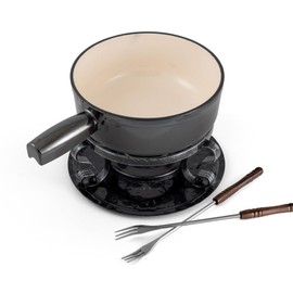 Swissmar Lugano Cast Iron Cheese Fondue Set, 9-Piece, 2 QT / 2 L - Ideal for Melting Cheese, Chocolates, Caramel, & More - Perfect for Kitchen Collection & Gift Giving - Metallic Black