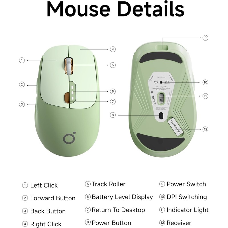 EWEADN Q5 Wireless Mouse, Bluetooth & 2.4G Quiet Computer Mouses