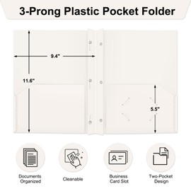 ViVin 12-Pack Sturdy Plastic Folders with Pockets and Prongs, 2 Pocket Folders with 3-Prong Fasteners, Holds 8.5 * 11 Letter Size Paper, for School, Home and Office (White)