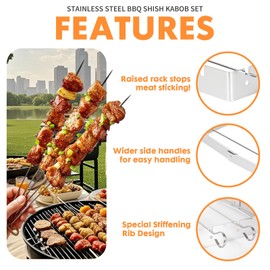 Laexepelle Stainless Steel BBQ Shish Kabob Set, Foldable Grill Rack with 6pcs 13"L Reusable Skewers for Ooudoor Indoor Party and Cookout, 50pcs Bamboo Skewers as Bonus
