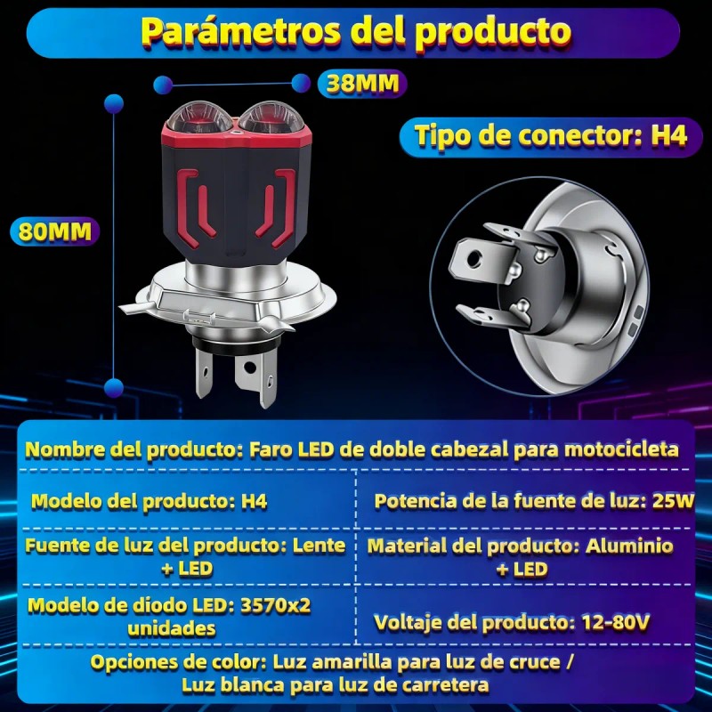 Faros Led Para Moto H4 Ba20d H6 Doble Lente Luz