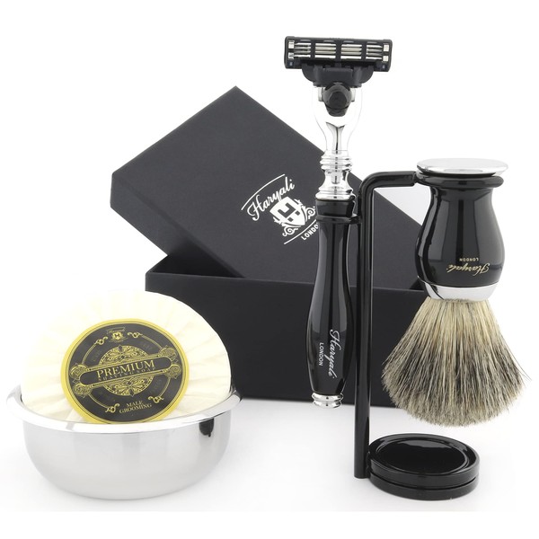 Haryali London Shaving Kit – 5 Pc Shaving Kit – 3 Edge Shaving Blade Shaving Razor - Super Badger Shaving Brush – Shaving Soap – Shaving Bowl – Shaving Stand – Black Color Shaving Set as Gift