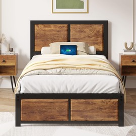 VECELO Twin Bed Frame with USB Charging Station and Wood Headboard, 14 Inch Platform Mattress Foundation, No Box Spring Needed, Heavy Duty Slats Support, Easy Assembly