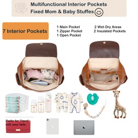 Yomiky Leather Diaper Bag Backpack, 14 Pockets, Fashion Diaper Bag Leather with Changing Pad, Stroller Straps, Travel Essential Large Diaper Bag, Unisex, Brown