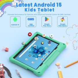 Kids Tablet, 10.1 Inch Android 15 Tablet for Kids, 12GB+64GB, Octa-Core, 6000mAh Battery, WiFi 6, Pre-Installed Kids Apps, Parental Control, with EVA Protective Case – Ideal Gift for Toddler (Green)