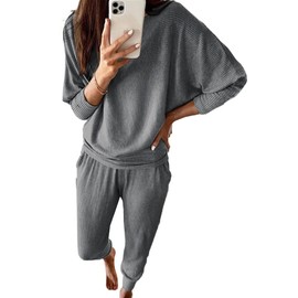 PRETTYGARDEN Women's Fashion Outfits 2 Piece Sweatsuit Solid Color Long Sleeve Pullover Long Pants, Dark Grey, Medium