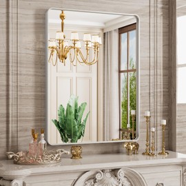 JISOSO 24x32 Inch Brushed Nickel Bathroom Mirror, Brushed Silver Metal Frame Mirror Wall Mounted, Rounded Rectangle Bathroom Vanity Mirror Silver, Tempered Glass, Anti-Rust, Horizontal/Vertical