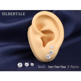 3 Pairs 925 Sterling Silver CZ Stud Earrings Set 4mm 5mm 6mm Cubic Zirconia Stud Earrings Men Women