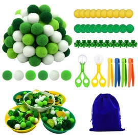 142pcs Fine Motor Skills Counting Sorting Sensory Bin Filler -100pcs Pompoms 20Pcs shamrock coins 10pcs shamrock 5 Cups 4 Tweezers 2 Scissors 1pcs Storage Bag for Early Education Train (Green White)