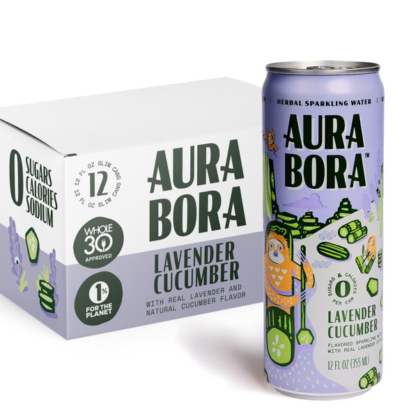 Lavender Cucumber Herbal Sparkling Water by Aura Bora, 12 oz Can (Pack of 12), 0 Calories, 0 Sugar, 0 Sodium, Non-GMO