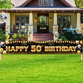 Large Black Gold Happy 50th Birthday Backdrop Banner Glitter Black Gold Theme Garden Yard Outdoor Indoor Decor for Men Women Boys Girls Celebration Birthday Party Decorations Supplies 118x20in-BECKTEN