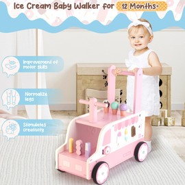 Asweets Wooden Baby Push and Pull Walker with Wheels, Learining Acticity Walker for Boys & Girls, Multiple Activities Center, Develops Motor Skills & Stimulates, 17.3''L x 9.1''W x 18.1''H