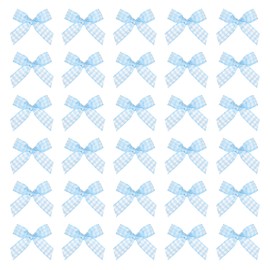 MECCANIXITY MECCANIXITY 100 Pcs Mini Gingham Ribbon Bows 1.8 Inch Checkered Plaid Bow Fabric Satin for Craft DIY Cake Sewing Wedding Birthday Party Wrapping Christmas Decoration, Pale Blue White