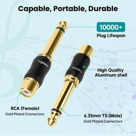 Togconn RCA to 1/4 Inch Adapter 4 Pack, 6.35mm Quarter Inch TS Mono Male to RCA Female Jack Plug, Gold-Plated Guitar Connectors, Audio Converter Premium Quality Series