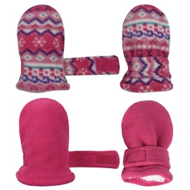 N'Ice Caps Baby Toddler Mittens Kids 2 Pairs Fleece Gloves Winter Warm Sherpa Lined (Fuchsia Fair Isle/Fuchsia Solid - Infant No Thumbs, 6-18 Months)