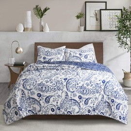 Lush Decor Erindale Paisley Cotton 3Pc Quilt Set King Navy & White – Reversible Lightweight Quilt Bedding with Shams, Classic Boho Style