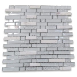 Stone Center Online White and Crackled Glass Mix White Marble Random Brick Mosaic Tile Kitchen Bath Wall Floor Backsplash Shower (1 Sheet)