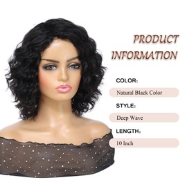 HUA Short Deep Wave Glueless Wigs Human Hair 10 Inch Short Curly Human Hair Wigs for Black Women Natural Hairline Brazilian Bob Wig Human Hair Ready to Wear Machine Made Wig for Women 1B Color