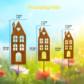 Ricihene Houses Garden Stake, Pack of 3 Rust Decoration for Garden, Patina Metal House Rust Stake, Garden Decoration for Garden Decoration