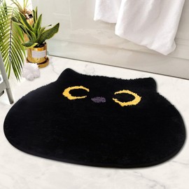 Yamepuia Black Cat Bath Mat, Bath Mat, Non-Slip Washable, Absorbent Cat Rug, Bathroom for Bathroom, Bathtub, Entrance, Door Mat, 50 x 55 cm
