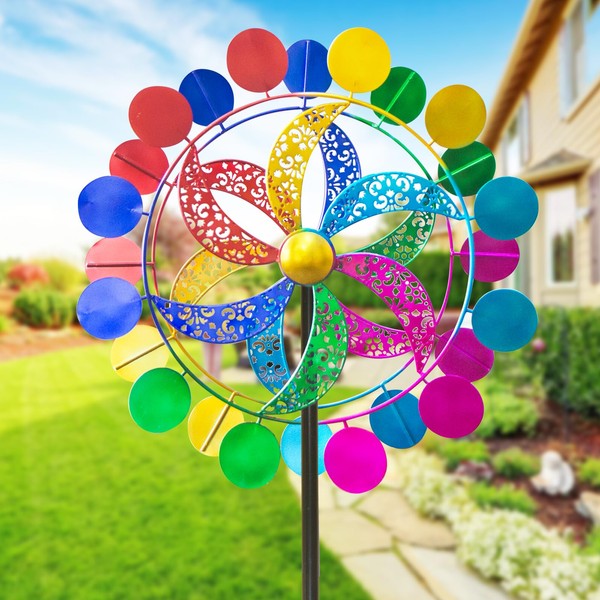 75 Inches Yard Spinners Double Sided Colorful Rainbow Backyard Whirligigs Spinners Metal Wind Spinner Kinetic Sculptures Outdoor with Garden Stake,Tall Windmills for The Yard Garden Yard Art Decor
