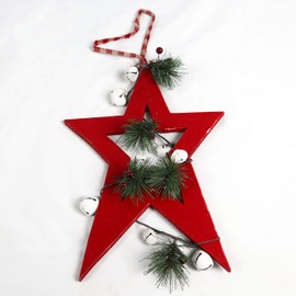 SHATCHI 26cm Red Wooden Star Wall Hanging Ornament Decorated with White Bells Berries and Pines Christmas Holiday Home Decorations, 18x1.2x26 cm