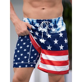 Mainfini Mens American Flag Swim Trunks 4th of July Swim Short with Compression Liner 5" Freedom Bathing Short S