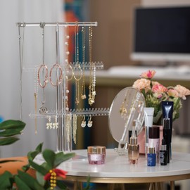 lengnoyp Premium Jewelry Stand, Earring Holder, Necklace Holder Stand, Clear 3-Tier Acrylic Large Storage Jewelry Organizer Stand & Bracelet/Bangles Stand, 48 Earring Holes Display Stands