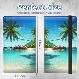 BFSEROBJ Checkbook Covers for Personal Checkbook Duplicate Checks RFID Blocking Checkbook Cover for Women Men with Elastic Strap Card Slots Pen Holder - Tropical Palm Sea Beach