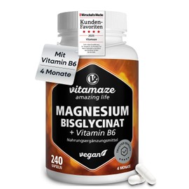 Magnesium Bisglycinate with Vitamin B6, 240 Capsules for 4 Months, 150 mg Magnesium per Capsule, Only 2 Capsules per Day, Vegan, Made in Germany