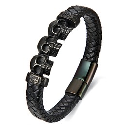 BIYONGDE Mens Black Braided Leather Bangle Skull Bracelet, Stainless Steel 3 Skulls ID Identification Bracelet for Men, Gothic Punk Rock Bracelet (Black)
